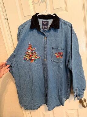 Vintage Solutions Original Christmas Teddy Bear Embroidered Denim Shirt L
